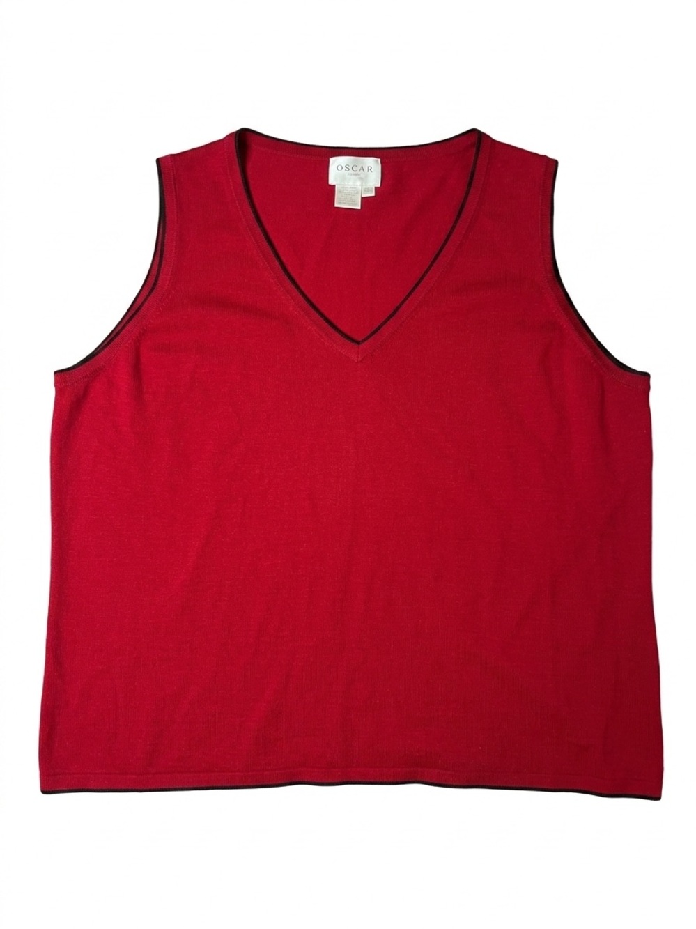 SZ 3X OSCAR DE LA RENTA RED SILK TIPPING VNECK VEST TANK VINTAGE TEACHER